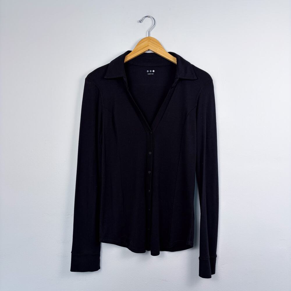 Three Dots Collared Jersey Button Long Sleeve Shi… - image 1